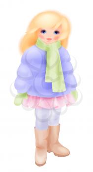 Winter girl. Fashion girl’s clothing. Watercolor style.  The blonde girl dressed in winter jacket. Winter clothes.