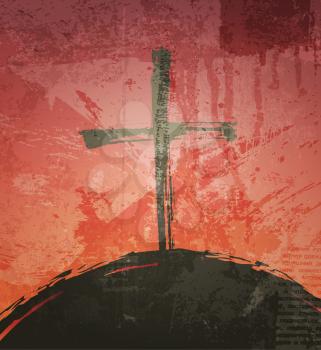 The cross on the grunge background. The biblical concept. Sunset