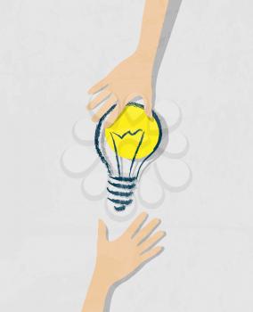 illustration of idea bulb. Transfer of ideas from hand to hand.