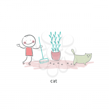 Man cleaning up after the cat. Illustration.