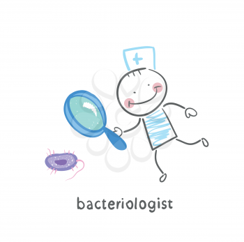 bacteriologist looks through a magnifying glass on the bacterium