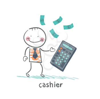 cashier counts money on calculator