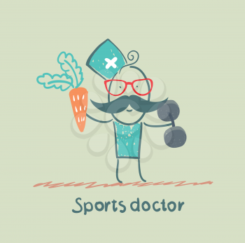 Sports doctor offers a carrot and holding dumbbells