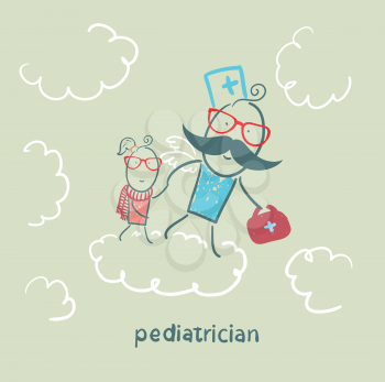 pediatrician with baby runs on clouds