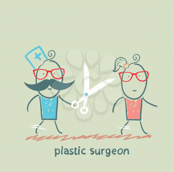 plastic surgeon with scissors running for the patient