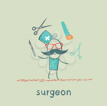 Surgeon juggles work tools
