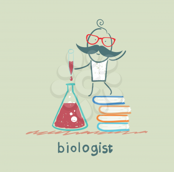 biologist holding a test tube and stands on a pile of books