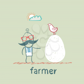 farmer standing next to a huge chicken egg