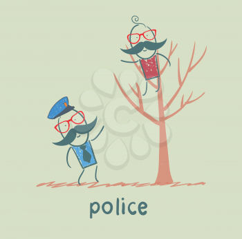 Police near the tree on which sits a criminal