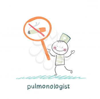 pulmonologist holding posters with a picture of a cigarette