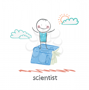 scientist is flying on a book