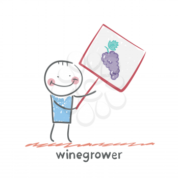 winegrower holds a banner with grapes