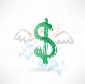 Dollar with wings grunge icon