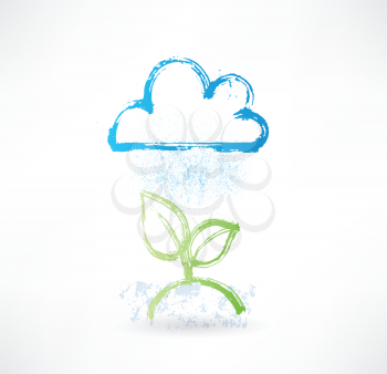 Brush icon with image of rainy cloud and green plant. Weather