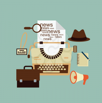 typewriter, hat, paper sheets, magnifying glass, notebook, speaker, journalist badge illustration