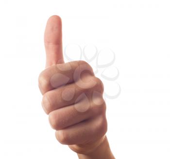 Gesturing one human hand with thumb up on white background
