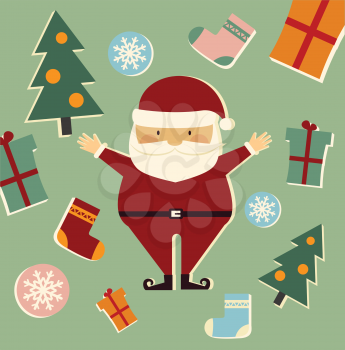 Santa Claus among the Christmas trees, gifts and socks illustration