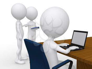 Royalty Free Clipart Image of a Man at a Computer and Two People Talking at a Corporate Meeting