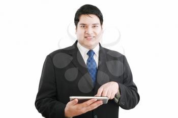 business man with modern tablet pc, touch pad, smart phone