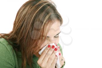 Sick woman with tissue on white 