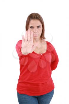 Isolated young woman stop sign, focus on hand 