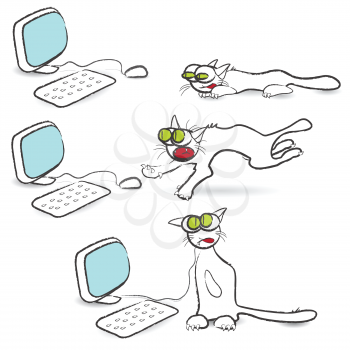 Royalty Free Clipart Image of a Cat Chasing a Computer Mouse