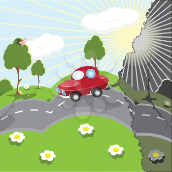 Royalty Free Clipart Image of a Car Polluting the Environment