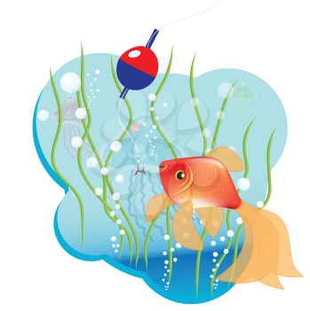Royalty Free Clipart Image of a Goldfish in Water Beside a Hook