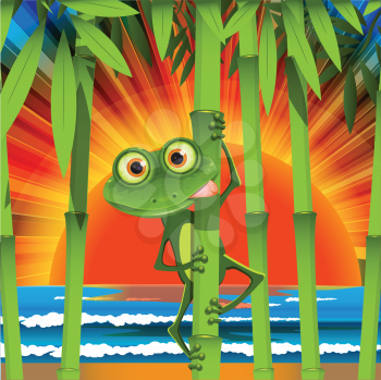 Royalty Free Clipart Image of a Frog on Bamboo