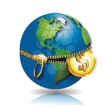 Royalty Free Clipart Image of a Globe With a Coin