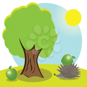 Royalty Free Clipart Image of a Hedgehog Under a Tree
