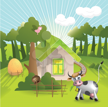 Royalty Free Clipart Image of a Farmhouse and Cow