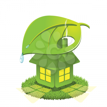 Royalty Free Clipart Image of a House Under a Leaf