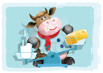 Royalty Free Clipart Image of a Cow With Dairy Products