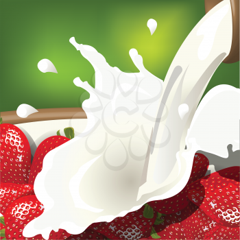 Royalty Free Clipart Image of a Bowl of Milk and Strawberries