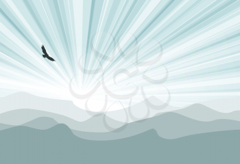 Royalty Free Clipart Image of a Bird Over Mountains