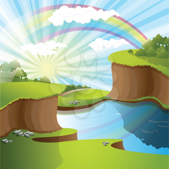 Royalty Free Clipart Image of a River and Rainbow