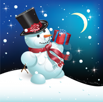 Royalty Free Clipart Image of a Snowman Holding a Present