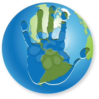 Royalty Free Clipart Image of a Handprint on a Globe