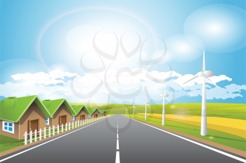 Royalty Free Clipart Image of a City With Wind Turbines
