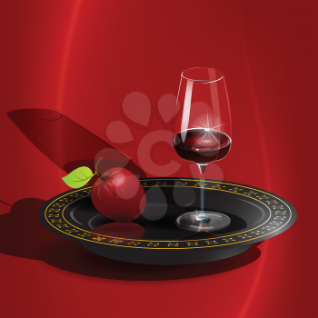 Royalty Free Clipart Image of a Glass of Wine and an Apple