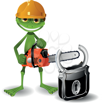 Green frog in a helmet with a chainsaw and padlock