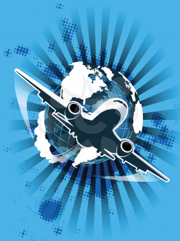 Royalty Free Clipart Image of a Globe on a Grunge Striped Background With a Plane