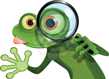 Royalty Free Clipart Image of a Lizard or Frog With a Magnifying Glass
