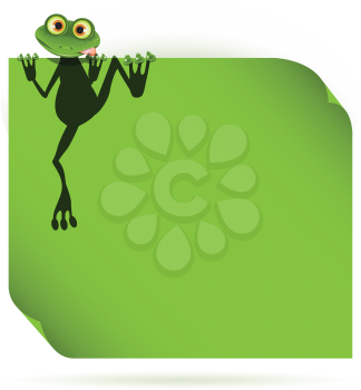 Royalty Free Clipart Image of a Frog Hanging on Green Notepaper