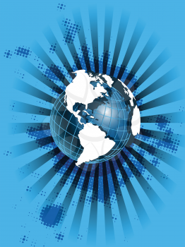 Royalty Free Clipart Image of a Globe on a Blue Striped Grunge Background