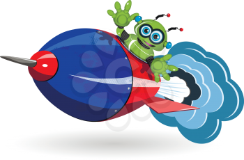 Illustration green robot and red a rocket