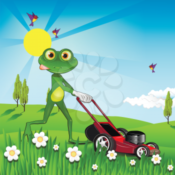 Illustration green frog with a lawn mower