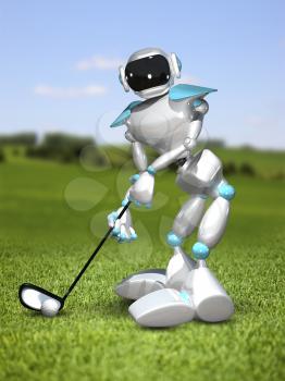 3D Illustration Robot Golfer on the Field