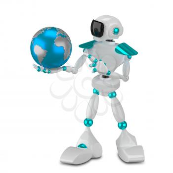 3D Illustration White Robot and Globe on a White Background